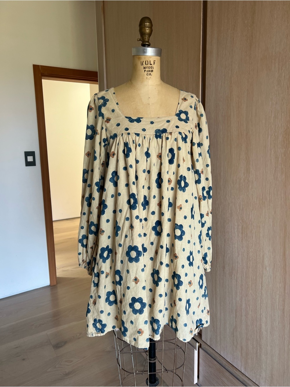 Christy Dawn Cream Long-Sleeve Floral Square-Neck Dress with blue Flowers
